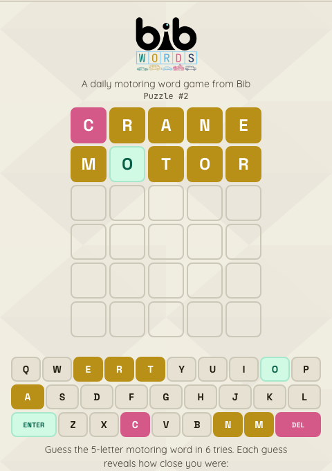 BibWords gameplay showing a played guess grid and colour-coded keyboard